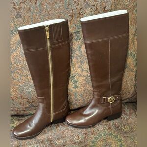 Michael Kors 🤎new with out tag on)Brown Leather Riding Boots with Gold Buckle